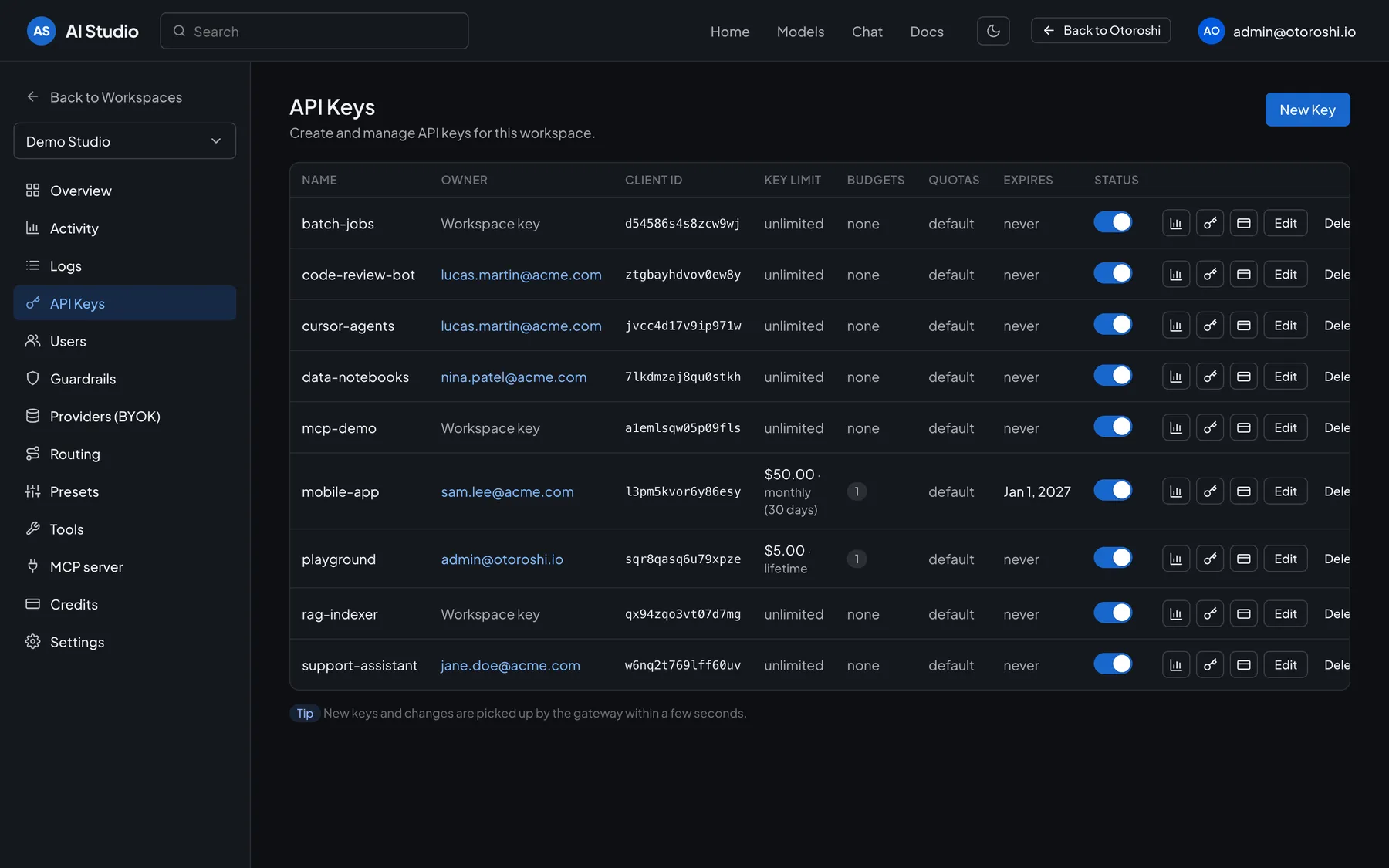 AI Studio API Keys page: keys of a workspace with their owner, limit, budgets, quotas and expiry