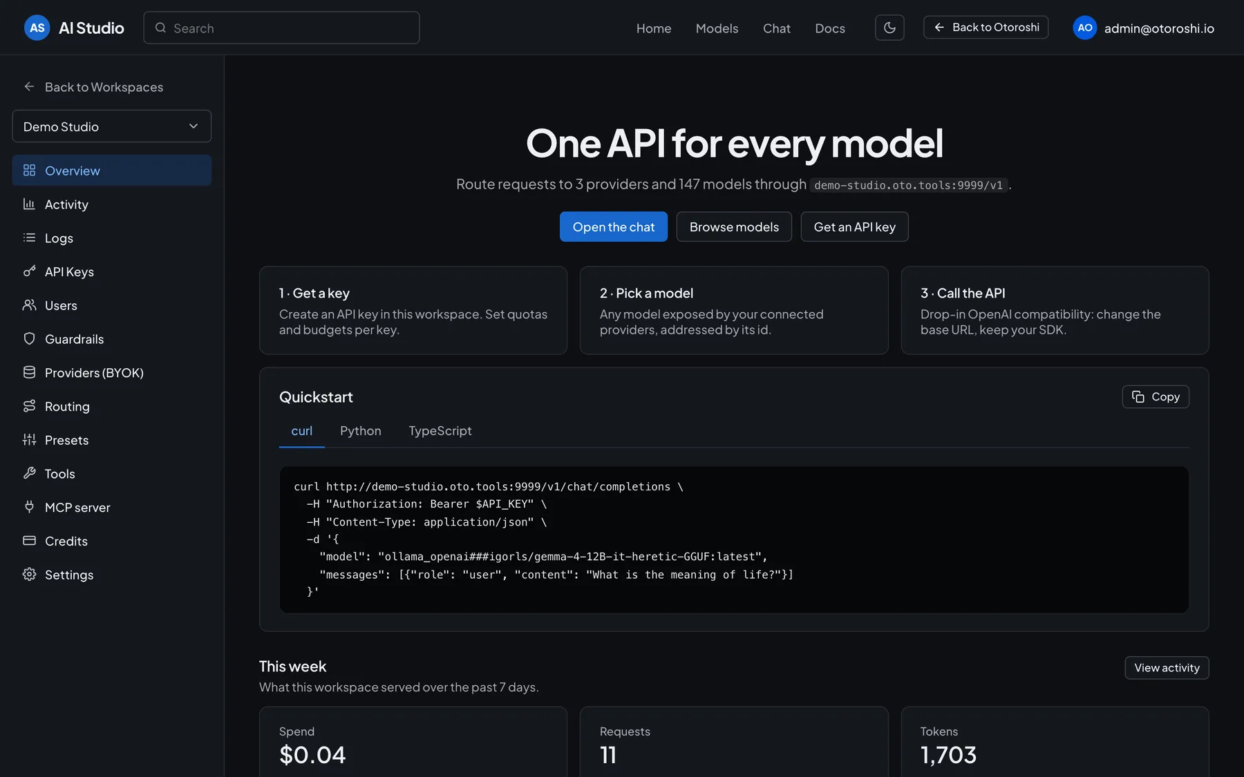 AI Studio overview: quickstart, spend, requests and tokens of the week