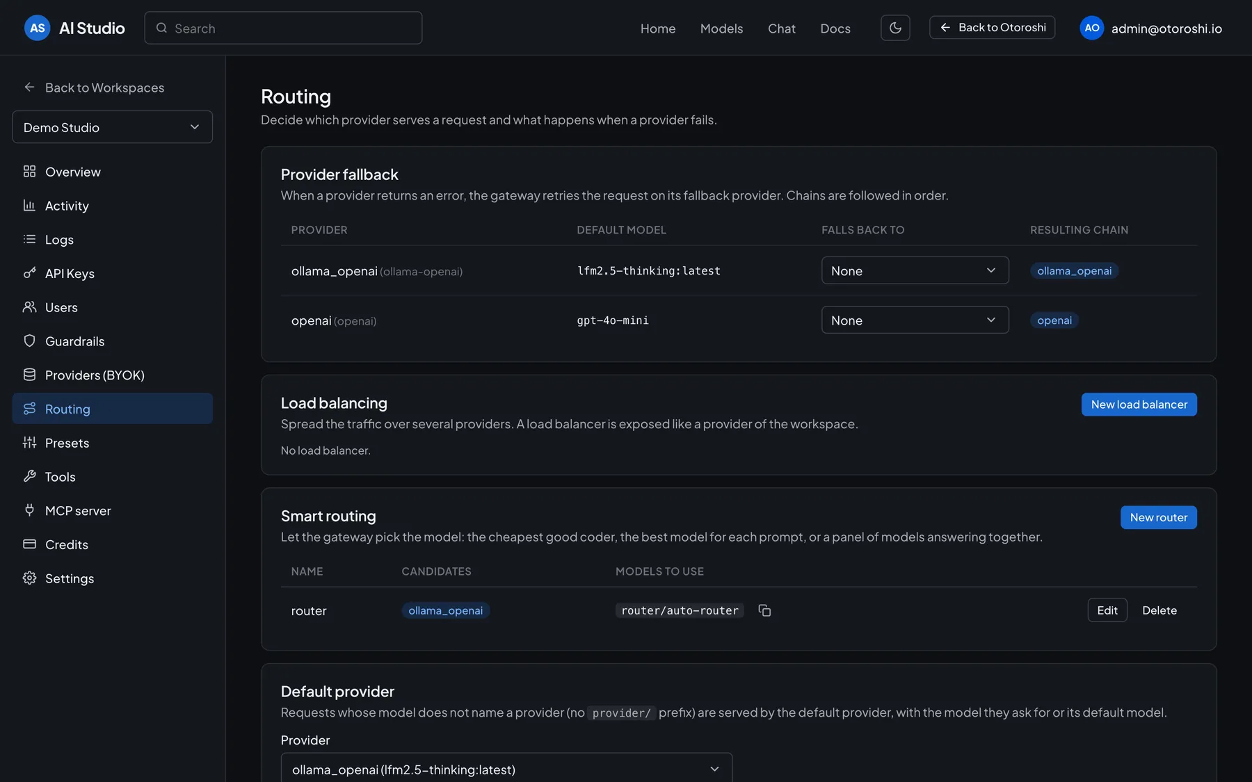 AI Studio Routing page: provider fallback, load balancing, smart routing and default provider