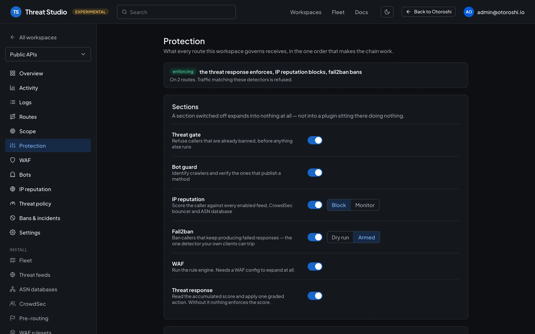 Threat Studio Protection page: threat gate, bot guard, IP reputation, fail2ban, WAF and threat response sections