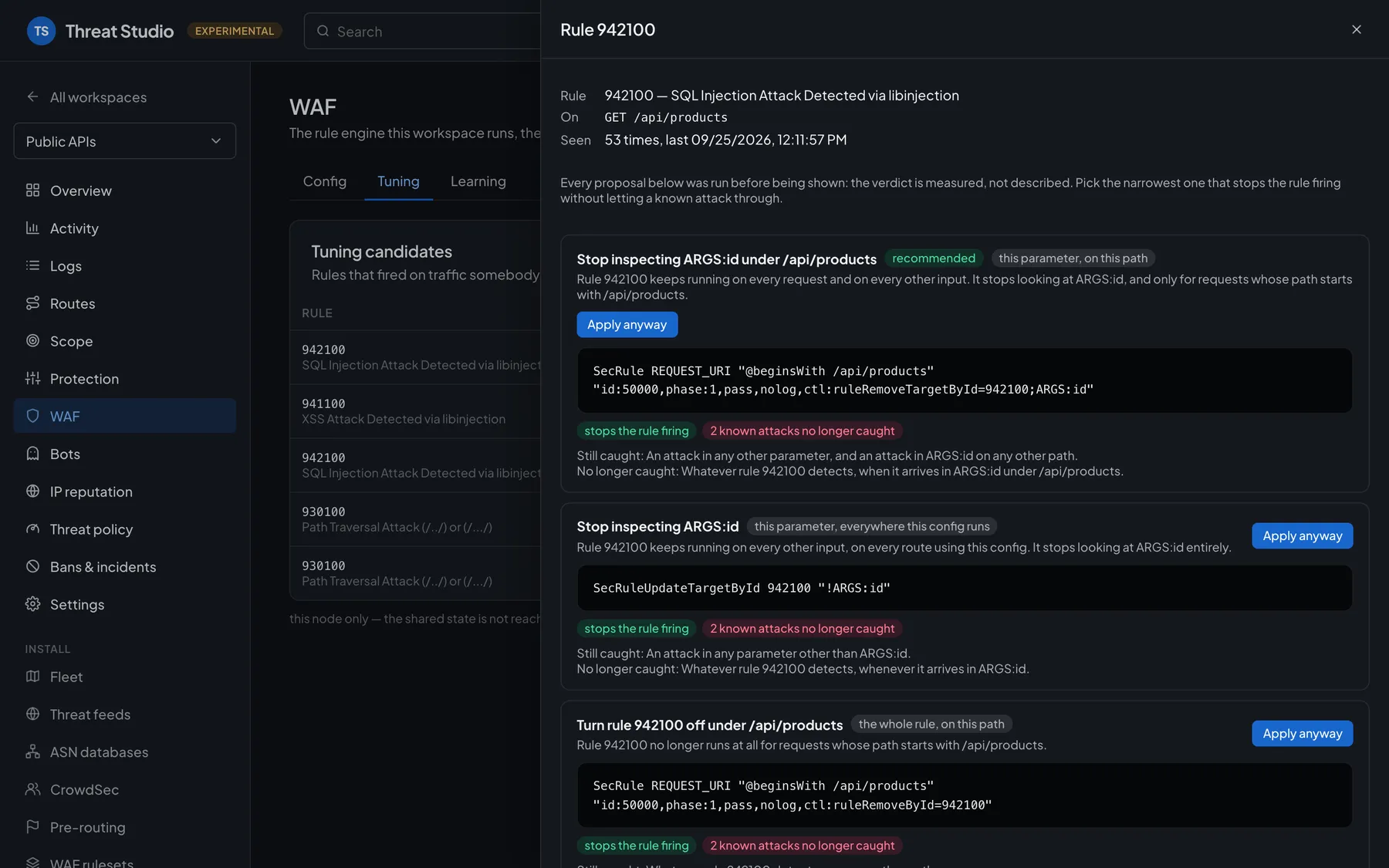 Threat Studio WAF tuning: proposals to narrow rule 942100 on a path, with what each proposal stops and no longer catches