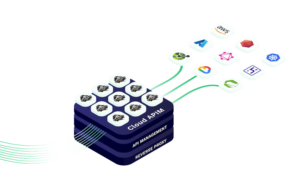 an overview of a typical architecture using cloud apim to access various backend hosted on various providers